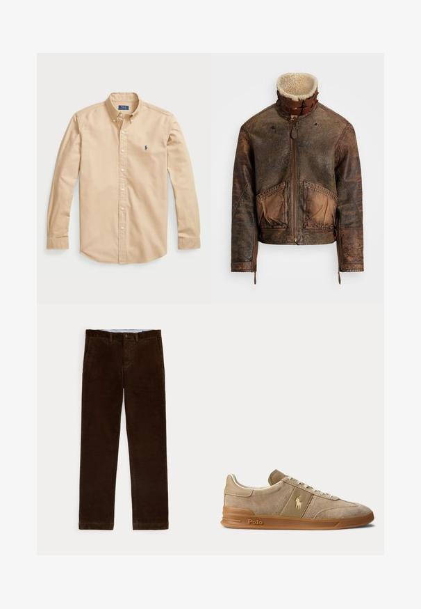 Braune, abgenutzte Lederjacke mit Schafslederkragen, Frontreißverschluss, Schnallenriemen, zwei vorderen Taschen und Reißverschlüssen an den Ärmeln.; Helles beige Baumwollhemd mit Knöpfen, klassischem Kragen, langen Ärmeln, weißen Knöpfen und einem kleinen blauen Logo auf der Brust.; Braune Cordhosen mit Fronttaschen, Gürtelschlaufen und Knopfverschluss, dargestellt auf weißem Hintergrund.; Beiger Wildleder- und Leder-Low-Top-Sneaker mit Gummisohle, weißen Schnürsenkeln und Polo-Logo an der Seite und an der Sohle.