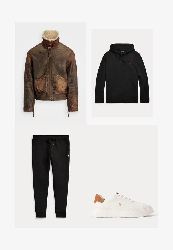 Braune, abgenutzte Lederjacke mit Schafslederkragen, Frontreißverschluss, Schnallenriemen, zwei vorderen Taschen und Reißverschlüssen an den Ärmeln.; Schwarzer Polo Ralph Lauren Hoodie mit langen Ärmeln, Kordelzug und kleinem roten gesticktem Pferdelogo auf der linken Brust.; Schwarze Jogginghose mit umgeschlagenen Bündchen, Tunnelzug in der Taille, Seitentaschen und kleinem weißen Polo-Spieler-Logo am rechten Oberschenkel.; Weißer Sneaker mit niedrigem Schaft, beige Fersenlasche, weißen Schnürsenkeln und kleinem, besticktem Polospieler-Logo an der Seite über einer dicken Sohle.