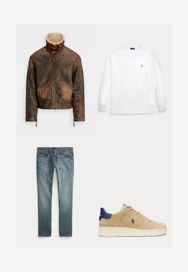 Braune, abgenutzte Lederjacke mit Schafslederkragen, Frontreißverschluss, Schnallenriemen, zwei vorderen Taschen und Reißverschlüssen an den Ärmeln.; Weißes Langarmshirt mit Rundhalsausschnitt und kleinem besticktem Polo Ralph Lauren-Logo auf der linken Brust.; Blaue Jeans mit geradem Bein, vorderen Taschen, Gürtelschlaufen und Knopfverschluss.; Beigefarbener Wildleder-Sneaker mit dunkelblauem Fersenlasche und Logo, weißer Sohle, Schnürdesign und Polo-Spieler-Stickerei an der Seite.