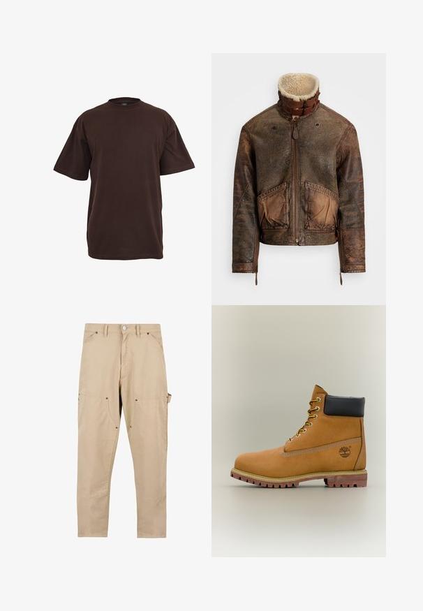 Braune, abgenutzte Lederjacke mit Schafslederkragen, Frontreißverschluss, Schnallenriemen, zwei vorderen Taschen und Reißverschlüssen an den Ärmeln.; Braunes Baumwoll-T-Shirt mit kurzen Ärmeln, Rundhalsausschnitt und lockerer Passform. Glatte Textur ohne sichtbare Muster oder Akzente.; Beige Cargo-Hosen aus Baumwolle. Verfügt über mehrere Taschen, einen geraden Schnitt und einen Knopfverschluss mit metallischen Hardware-Details.; Brauner Leder-Stiefelette mit schwarzem Kragen, gelben Schnürsenkeln und hellbrauner Sohle. Verfügt über ein Logo und weiße Ziernähe. Robuste Profilsohle.