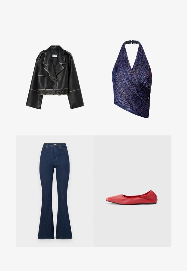 Afskåret sort læderjakke med brede ærmer, kontrasterende hvid syning, klippet krave, to knapper og et matchende bælte.; Wrap-style top i tekstureret stof med lilla og blå striber. Halterneck med en sort lukning, den ene side prydet med en knapdetalje.; Mørkeblå denim flared jeans med høj talje, der har lynlås og knap samt diskret syninger langs sømmene.; Filippa K REY FLATS - Ballerinasko - bright red