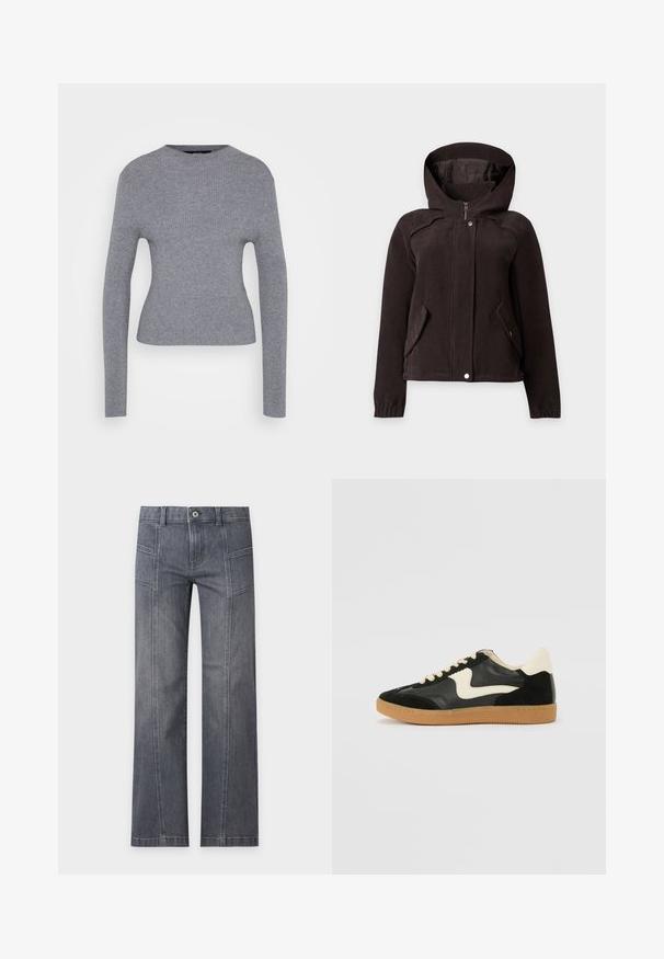 Veste à capuche en velours côtelé marron foncé avec fermeture éclair à l'avant, boutons-pression, deux poches à rabat diagonales et poignets élastiques, présentée sur un fond uni.; Pull à manches longues gris côtelé avec un col rond et une silhouette ajustée, présenté sur un fond blanc uni.; Jean droit gris en denim avec détails sur la couture avant, passants de ceinture et fermeture par bouton sur un fond clair uni.; Baskets en daim et cuir noir avec un swoosh latéral crème et un talon crème clair. Dotées de lacets beige et d'une semelle en caoutchouc gomme.