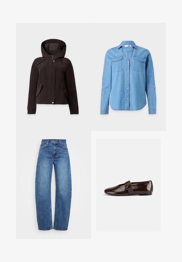 Mørkebrun cordjakke med hætte, lynlås foran, trykknapper, to diagonale klaplommer og elastiske manchetter, vist på ensfarvet baggrund.; Langærmet lyseblå denimskjorte med krave, knapper foran og to brystlommer med klapper på ensfarvet baggrund.; Lyseblå denim jeans med lige snit, høj talje, fem lommer og knappet lukning. Har diskret falming og klassiske syninger.; Mørkebrun laklædersko med stor guldlås og rund tå, vist i sideprofil på hvid baggrund.