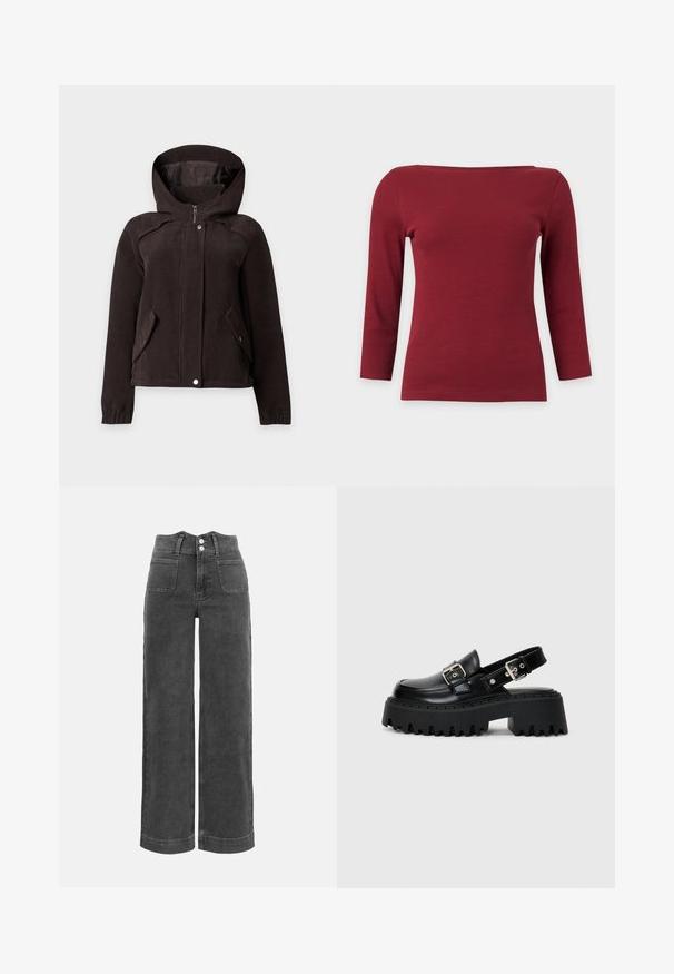 Donkerbruine corduroy jas met capuchon, ritssluiting aan de voorkant, drukknoppen, twee diagonale klepzakken en elastische manchetten, afgebeeld op een effen achtergrond.; Effen donkerrood geribd top met lange mouwen, een brede boothals en een aansluitend silhouet op een lichtgrijze achtergrond.; Donkergrijze denim broek met hoge taille en brede pijpen, voorzien van voorpatchzakken en dubbele knoopsluiting.; Zwarte platform sandalen van glanzend leer, met een gespband en een gestructureerde dikke zool met uitgesproken ribbels.