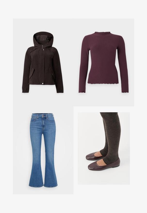 Veste à capuche en velours côtelé marron foncé avec fermeture éclair à l'avant, boutons-pression, deux poches à rabat diagonales et poignets élastiques, présentée sur un fond uni.; Haut à manches longues en maille côtelée prune foncée avec un col rond légèrement froncé et un ourlet, silhouette ajustée.; Jeans évasés bleu clair avec une taille haute, en denim. Comprend deux poches avant et une fermeture à bouton à la taille.; Ballerines en cuir verni bourgogne à bout carré, accompagnées de chaussettes en tricot côtelé marron foncé atteignant le molet.
