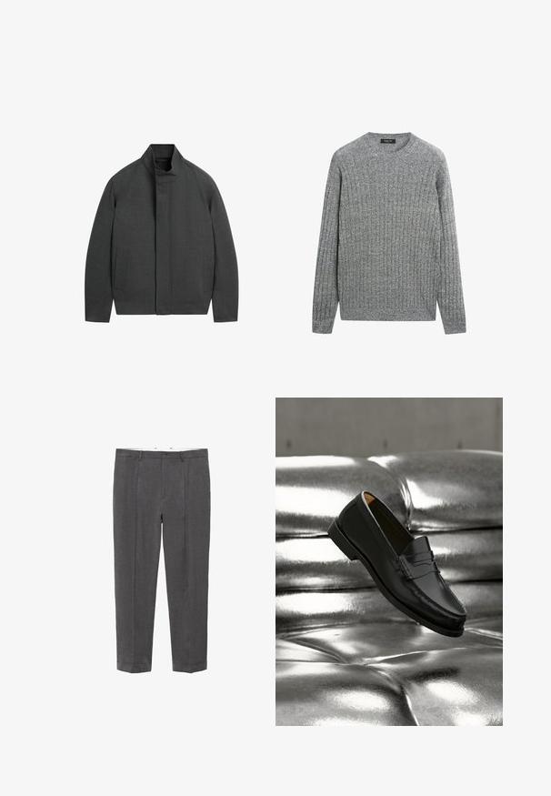 Mørkegrå lynlåstrøje med høj krave og to sidelommer, designet til en slank pasform og ren, minimalistisk stil.; Grå strikket langærmet sweater med ribmønster og rund halsudskæring, mærket Massimo Dutti.; Mørkegrå skræddersyede bukser med bæltestropper, knaplukning, forkantfold og opsmøgte kanter, vist fladt mod en hvid baggrund.; Sort læderloafer svæver over en skinnende sølvfarvet, polstret lædersofa i et minimalistisk miljø.