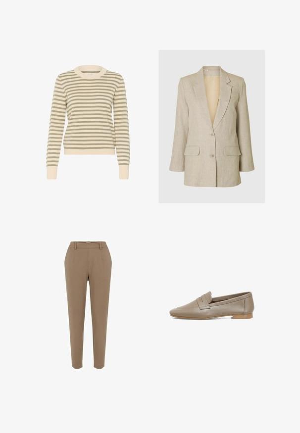 Lys beige linned blazer med reverskrave, enkelt knaplukning og to forlommer. Glat tekstur og afslappet pasform.; Stribet sweater i crème og olivengrøn med ribbet rund halsudskæring, lange ærmer og en tætsiddende kant. Blød strikket tekstur.; Brune skræddersyede bukser med lige ben, glat tekstur, forlommer og en talje med bæltestropper.; Beige læder loafers med en tekstureret overflade, der har en flad hæl og en afrundet tå. Inkluderer en dekorativ plissering på vampen.