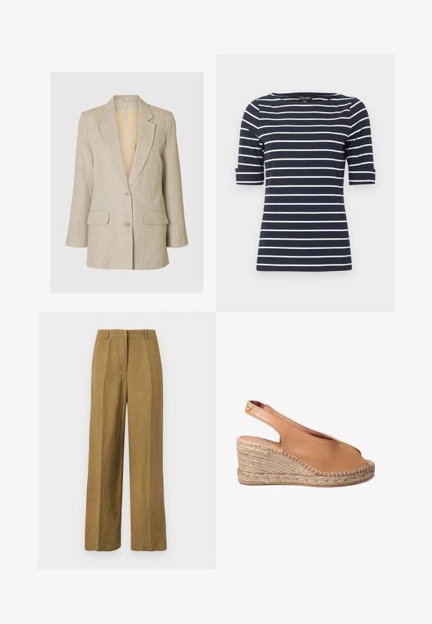 Lys beige linned blazer med reverskrave, enkelt knaplukning og to forlommer. Glat tekstur og afslappet pasform.; Marineblå kortærmet skjorte med hvide vandrette striber og rund halsudskæring.; Khakibukser med lige ben, bæltestropper og frontlynlås, vist på en ensfarvet hvid baggrund.; Tan læder wedge sandal med åben tå og slingback-design. Jute reb detalje på weden. Glat tekstur med syning accenter.