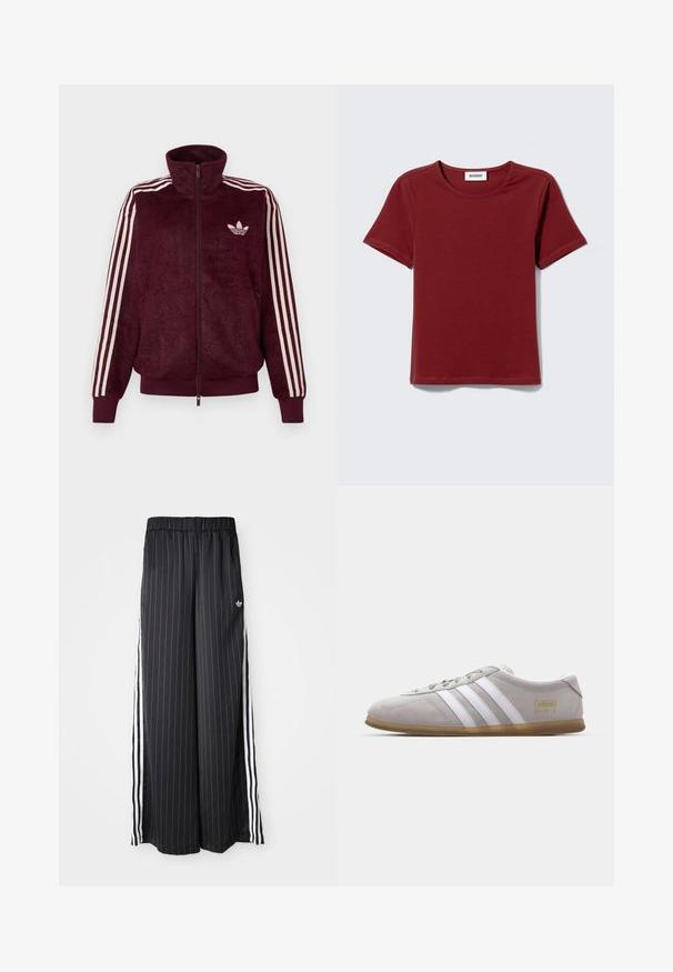 Burgundy plush zip-up track jacketti, jossa on kolme valkoista raitaa hihoissa ja valkoinen Adidasin trefoil-logo vasemmassa rinnassa.; Lyhythihainen, pyöreäkauluksinen viininpunainen T-paita, jossa on "WEEKDAY"-etiketti kaulan sisäpuolella takana, asetettuna litteästi vaaleanharmaalle taustalle.; Mustat leveät housut, joissa on pystysuorat valkoiset raidat, joustava vyötärö ja kolme valkoista raitaa sivulla. Adidas-logo edessä.; Harmaa mokkasiininen tennari, jossa on valkoiset nahkaiset raidat ja kultainen logoyksityiskohta. Litteä kumipohja, pyöristetty kärki ja klassinen nauhakiristysmuotoilu.