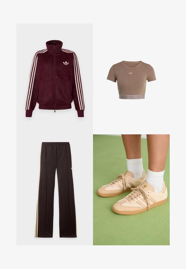 Burgundy blød lynlås træningsjakke med tre hvide striber på ærmerne og hvid Adidas trefoil-logo på venstre bryst.; Brun ribstrikket cropped top med korte ærmer, rund halsudskæring og en tekstureret kant forneden med et diskret logo-mønster.; Sorte træningsbukser med gule sidelister, elastisk taljebånd, lynlåslommer i siderne og en lille logo på den øvre lår.; Fødder iført beige vævede Adidas sneakers med gummisåler og hvide ankelsokker på en grøn struktureret gulv.
