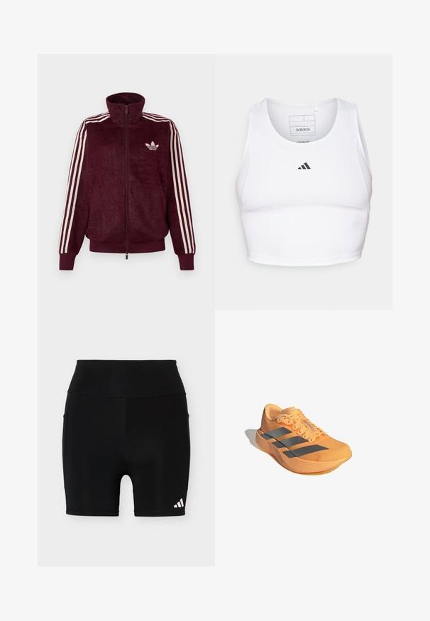 Burgundy blød lynlås træningsjakke med tre hvide striber på ærmerne og hvid Adidas trefoil-logo på venstre bryst.; Hvid atletisk crop top lavet af letvægts, åndbart stof. Har mesh-sider og sort broderet logo på brystet.; Sort højtaljet sportsshorts med en lille hvid Adidas-logo på nederste venstre ben og sidelommer på en ensfarvet baggrund.; Adizero løbesko i lys orange med et struktureret overdel, tre grå striber og en let sål for forbedret ydeevne.