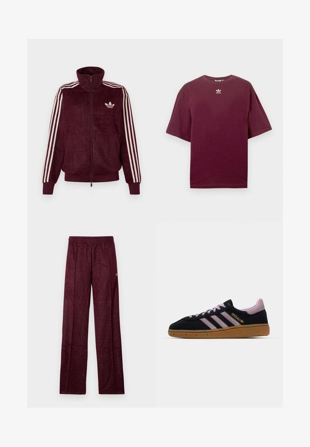 Burgundy blød lynlås træningsjakke med tre hvide striber på ærmerne og hvid Adidas trefoil-logo på venstre bryst.; Bourgognefarvet bomulds-T-shirt med rund hals og korte ærmer, med en hvid Adidas-logo centreret på brystet. Glat tekstur.; Bordeaux træningsbukser lavet af tekstureret stof, med elastisk talje og sidesømme for en lige ben-design.; Sort og pink ruskinds-sneakers med gummisål, tre pink striber, gyldent "SPEZIAL" branding og tekstureret gummisål. Lavt design.