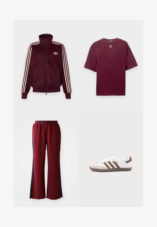 Burgundy blød lynlås træningsjakke med tre hvide striber på ærmerne og hvid Adidas trefoil-logo på venstre bryst.; Bourgognefarvet bomulds-T-shirt med rund hals og korte ærmer, med en hvid Adidas-logo centreret på brystet. Glat tekstur.; Røde sweatpants med en løs pasform, med marineblå sidelister og et bredt ben design. Elastisk talje for komfort.; Hvid Adidas Samba sneaker med brune ruskindstriber, brun gummisål og beige ruskindståhætte, vist fra ydersiden på en ensfarvet baggrund.