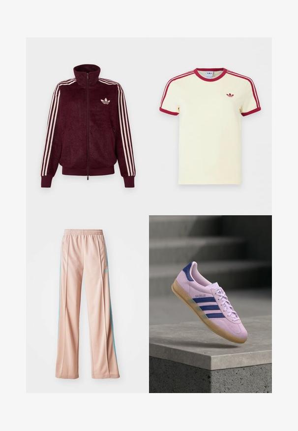 Bordeaux pluche zip-up trainingsjack met drie witte strepen op de mouwen en het witte Adidas trefoil logo op de linkerborst.; Crèmewit Adidas T-shirt met korte mouwen, rode geribbelde kraag, mouwuiteinden, drie rode strepen op de schouders en een rood Adidas trefoil-logo op de borst.; Lichtroze sportbroek met een ontspannen pasvorm, voorzien van blauwe zijstrepen en een trekkoord in de taille. Gemaakt van soepel, lichtgewicht materiaal.; Lichtpaarse Adidas Gazelle sneaker met marineblauwe strepen en hieltab, rubberen zool, zwevend boven een stenen richel met vervaagde trappen op de achtergrond.