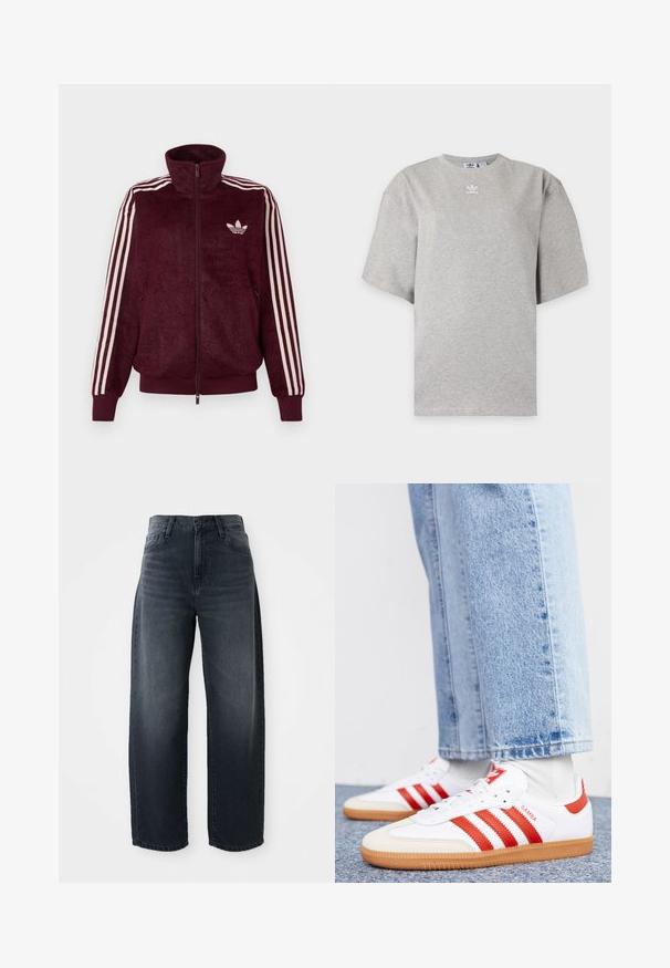 Burgundy blød lynlås træningsjakke med tre hvide striber på ærmerne og hvid Adidas trefoil-logo på venstre bryst.; Lysegrå Adidas T-shirt med korte ærmer, rund hals og lille hvid Adidas-logo på brystet, vist på en ensfarvet baggrund.; Vidde bukser i mørk denim med høj talje, klassisk knap- og lynlåslukning, samt subtil falming langs forsiden.; Hvide lædersneakers med røde striber og accenter. Har en tekstureret gummisål og polstret krave. Bæres med lyseblå denim.