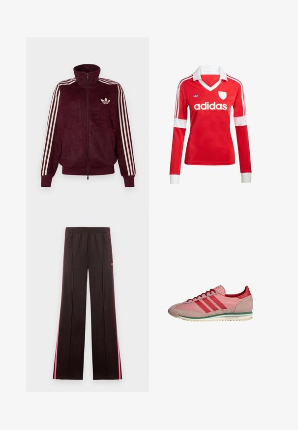 Burgunderfarbener, samtiger Zip-Up-Trainingsjacke mit drei weißen Streifen an den Ärmeln und weißem Adidas Trefoil-Logo auf der linken Brust.; Rotes Fußballtrikot mit langen Ärmeln, weißem Kragen und weißen Ärmelbündchen. Es hat drei weiße Streifen auf den Schultern und das "adidas"-Logo ist auffällig platziert.; Schwarze Sporthose mit pinken Seitenstreifen, elastischem Bund, Reißverschlusstaschen und Adidas-Logo am linken Oberschenkel.; Pink-rote Adidas-Sneaker mit Wildleder an Zehen- und Fersenpartie, roten Schnürsenkeln, grünem Streifen über der weißen Sohle, seitlich betrachtet.