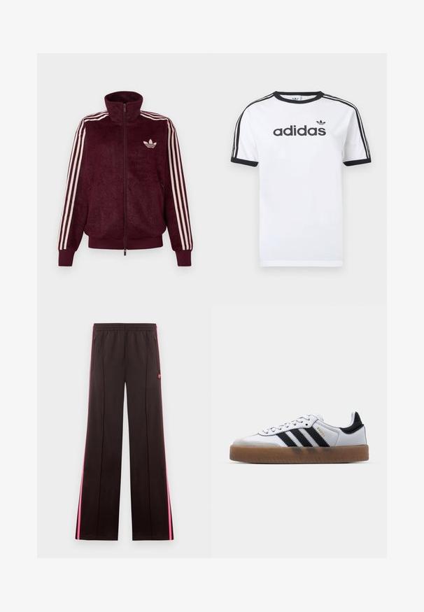 Veste de piste en velours bourgogne à fermeture éclair avec trois bandes blanches sur les manches et logo trefoil Adidas blanc sur la poitrine gauche.; T-shirt en coton blanc avec accents noirs, doté d'un col rond, de manches courtes, de trois bandes noires sur les épaules et du logo "adidas" en noir.; Pantalon de sport noir avec des bandes latérales roses, taille élastique, poches zippées et logo Adidas sur la cuisse gauche.; Baskets en cuir blanc avec des rayures noires, semelle extérieure en caoutchouc beige, bout rond, fermeture lacée et embout en suède gris doux.