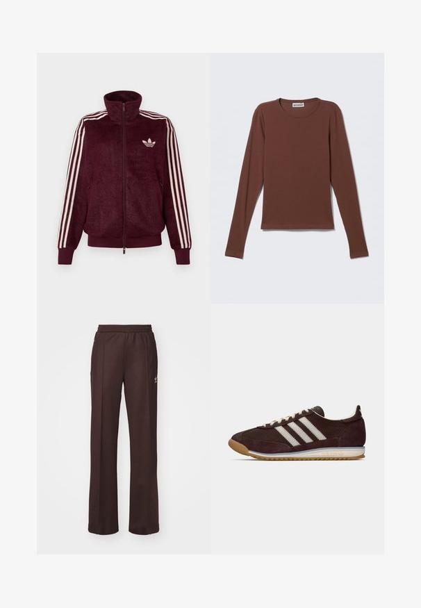 Burgundy blød lynlås træningsjakke med tre hvide striber på ærmerne og hvid Adidas trefoil-logo på venstre bryst.; Langærmet t-shirt i mørkebrunt stof. Har rund halsudskæring og et enkelt, figursyet design uden synlige mønstre eller hardware.; Brune træningsbukser med elastisk talje, to sidelommer og et lille logo på venstre side, lavet af et blødt stof.; Lavprofil mørk burgunder Adidas sneakers med hvide striber, cremefarvede snørebånd og gummitalje, set fra siden på neutral baggrund.