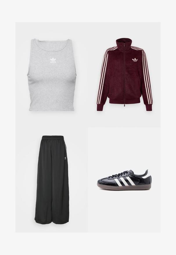 Burgundské plyšové zipové športové sako s tromi bielymi pruhmi na rukávoch a bielym logom Adidas trefoil na ľavej hrudi.; Šedý, bezrukávový crop top vyrobený z jemnej látky, s okrúhlym výstrihom a malým bielym logom Adidas na hrudi.; Čierne široké tréningové nohavice vyrobené z hladkej látky. Obsahujú elastický pás a bočné pruhy s logom.; Nízky čierny teniska s textúrou pripomínajúcou hadiu kožu, bielymi pruhmi na boku, čiernymi šnúrkami a priehľadnou hnedou podrážkou.