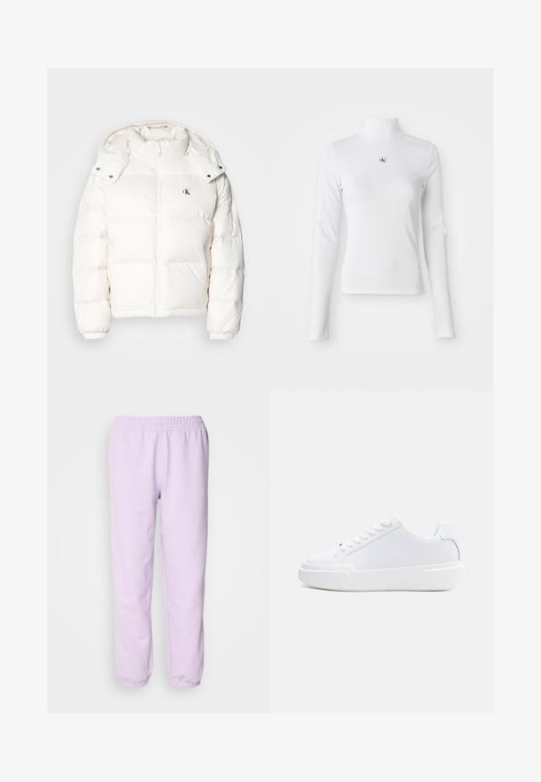 Chaqueta de plumas blanca con cierre de cremallera, cuello alto y capucha ajustable. Presenta puños elásticos y un pequeño logo en el pecho.; Top de cuello alto de manga larga en color blanco, hecho de material acanalado. Presenta un pequeño logo bordado en el centro. Diseño ajustado y sin patrones.; Pantalones de chándal morados claros hechos de tela suave, con cintura elástica y puños elásticos en los tobillos. Diseño simple, sin patrones.; Zapatilla blanca de corte bajo con cierre de cordones, suela gruesa y parte superior lisa, mostrada desde el lado exterior sobre un fondo claro y sencillo.