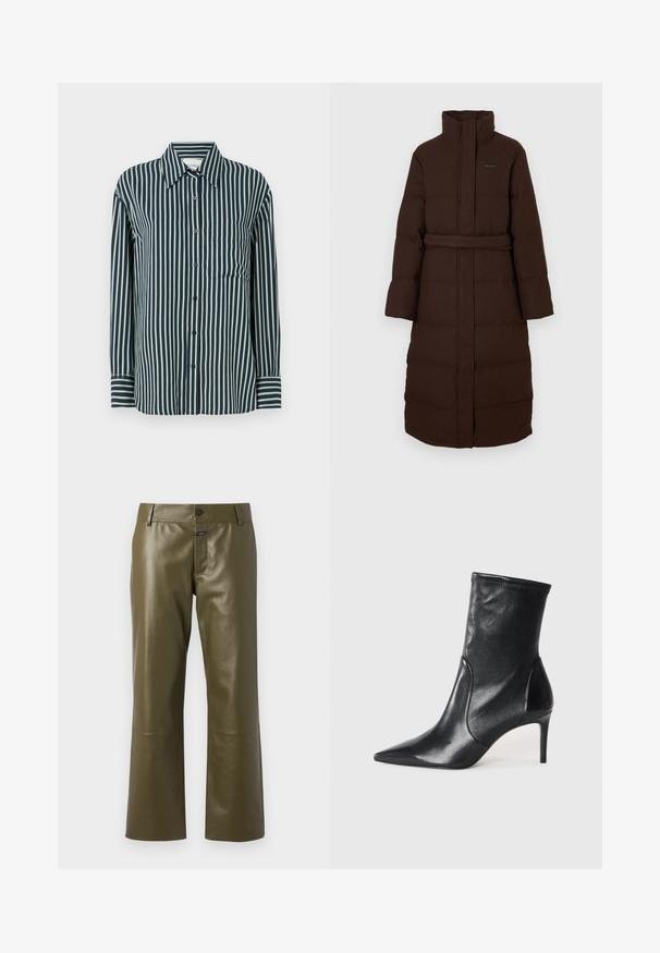 Manteau rembourré marron avec un col haut et des manches longues, présentant une taille ceinturée et une texture matelassée. Design simple sans matériel visible.; Chemise boutonnée avec des rayures verticales bleu marine et vert clair, col classique, manches longues et une poche poitrine unique. Fabriquée en tissu lisse.; CLOSED SERANDON - Pantalon en cuir - marsh green; Bottes noires à la cheville en cuir lisse, dotées d'un bout pointu, d'un tige ajustée et d'un talon haut fin. Design minimaliste sans quincaillerie visible.