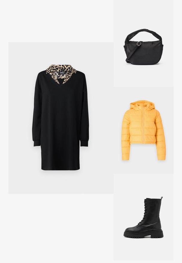 Gul cropped pufferjakke med hætte, med lodret quiltede sektioner og en frontlynlås. Blød stofstruktur.; Sort kjole med V-udskæring og lange ærmer, der har en leopardprint krave. Lavet af blødt stof, har den en løs silhuet.; Sort læderkamp støvle med snørebåndsfront, rund tå, kraftig sål og hæklet ved bagenden. Teksturfinish og solid konstruktion.; Sort stof skuldertaske med et snoet håndtag, en aftagelig rem og en lynlåslukning i toppen. Glat tekstur og minimalistisk design.