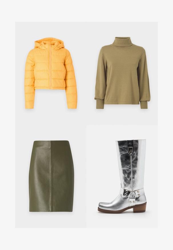 Gul cropped pufferjakke med hætte, med lodret quiltede sektioner og en frontlynlås. Blød stofstruktur.; VILA VIAMANDA TURTLE NECK - Striktrøje - gothic olive; Olivenfarvet læderskort nederdel med en glat tekstur, der har et enkelt design og en central søm, der løber ned ad ryggen.; Sølvmetallic knæhøje støvler med rund tå, struktureret overflade, et bælte med nitter og en lav trælæsning. Har prægede logo.