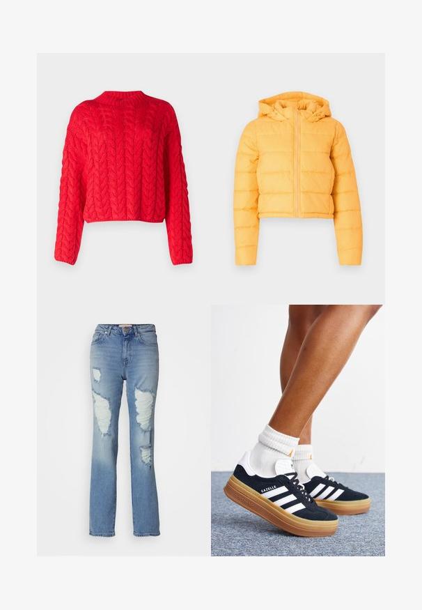 Gul cropped pufferjakke med hætte, med lodret quiltede sektioner og en frontlynlås. Blød stofstruktur.; Rød kabelstrikket sweater med høj hals, lange ærmer og cropped kant. Tyk tekstur med hævede, sammenflettede mønstre overalt.; Lysblå, højtaljede jeans med et lige ben design. Har fremtrædende revner og frayed kanter foran, lavet af denim stof.; Ben iført hvide sokker og sorte Adidas Gazelle sneakers med hvide striber og tykke brune såler på et gråt tæppe.