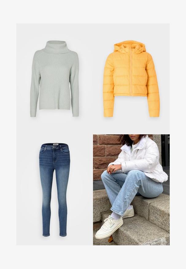 Kollane lühike puffjakker kapuutsiga, millel on vertikaalsed tikandid ja eesne avamine. Pehme kangas.; ONLY ONLKATIA SADDLE ROLL NECK - Džemper - aqua gray melange; Tumed sinine denim skinny teksad kerge pleekimisega, viie tasku disain ja nööbiga sulgur. Omab vöörihma silmuseid ja sileda tekstuuri.; Valge puffjakker kõrge kraega, helesinised denimide teksased ja valged Reeboki tossud. Taustal tekstuuriga kividest astmed.