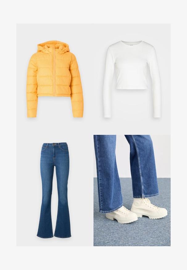 Chaqueta de plumas amarilla corta con capucha, que presenta secciones acolchadas verticales y un cierre frontal. Textura de tela suave.; GAP ULTRA CROP RIB TEE - Camiseta de manga larga - new off white; Vaqueros acampanados de denim azul para mujer con cinco bolsillos, cierre de botones y costuras visibles sobre fondo blanco.; Zapatillas deportivas blancas de caña alta con suelas gruesas y estriadas, y detalle de logo circular, combinadas con jeans de mezclilla de pierna ancha en azul claro.