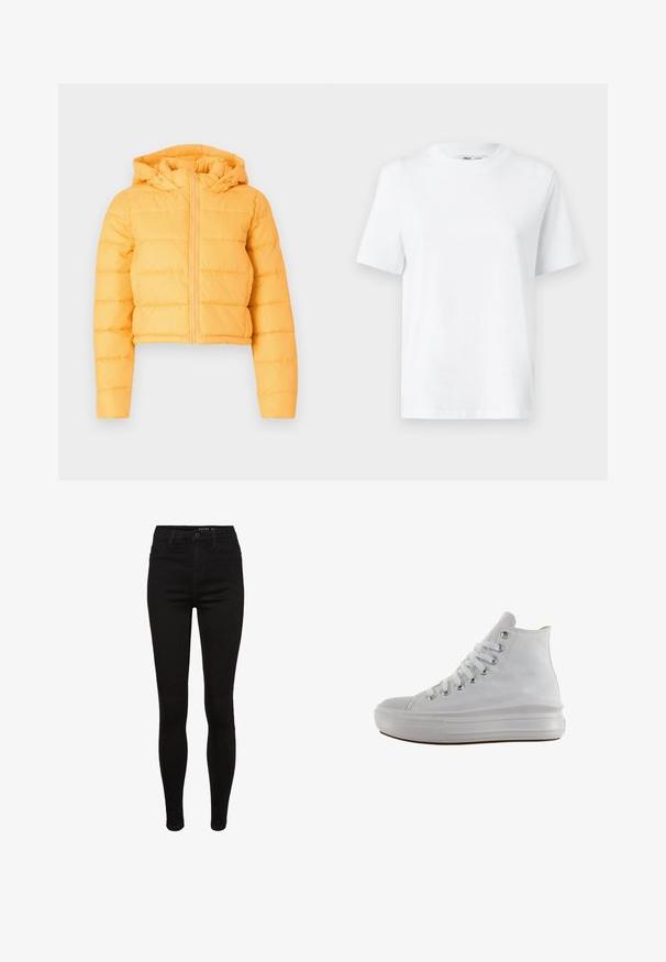 Gul cropped pufferjakke med hætte, med lodret quiltede sektioner og en frontlynlås. Blød stofstruktur.; Hvid bomulds T-shirt med rund hals, kortærmet og en glat tekstur. Designet med en afslappet pasform for komfort og alsidighed.; Sorte skinny jeans i denim med høj talje, fem lommer, bæltestropper og subtile syninger. Glat tekstur, tætsiddende pasform.; Hvid højt canvas sneaksko med hvide snørebånd, metaløjer, tyk gummisål og tekstureret tåhætte, vendt mod venstre på en hvid baggrund.