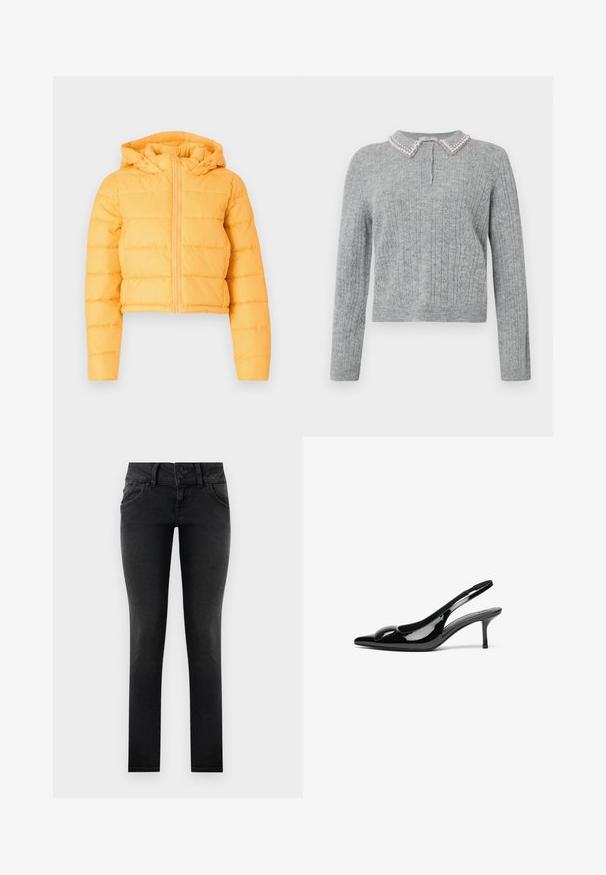 Gelbe, verkürzte Puffjacke mit Kapuze, die vertikale gesteppte Abschnitte und einen Frontreißverschluss aufweist. Weicher Stofftextur.; Hellgrauer, gestrickter Pullover mit langen Ärmeln, drei Knöpfen an der Brust und einem mit Perlen verzierten Kragen.; Schwarze, enge Jeans aus Denim mit einem Zwei-Knopf-Bund, Fronttaschen und einer glatten, strukturierten Oberfläche. Standardpassform, durchgehendes Design.; Schwarze patentierte Slingback-Absätze mit spitzem Zehenbereich und glänzender Oberfläche. Besitzt einen schlanken Absatz und eine abgerundete Akzentuierung am Schuhoberteil.
