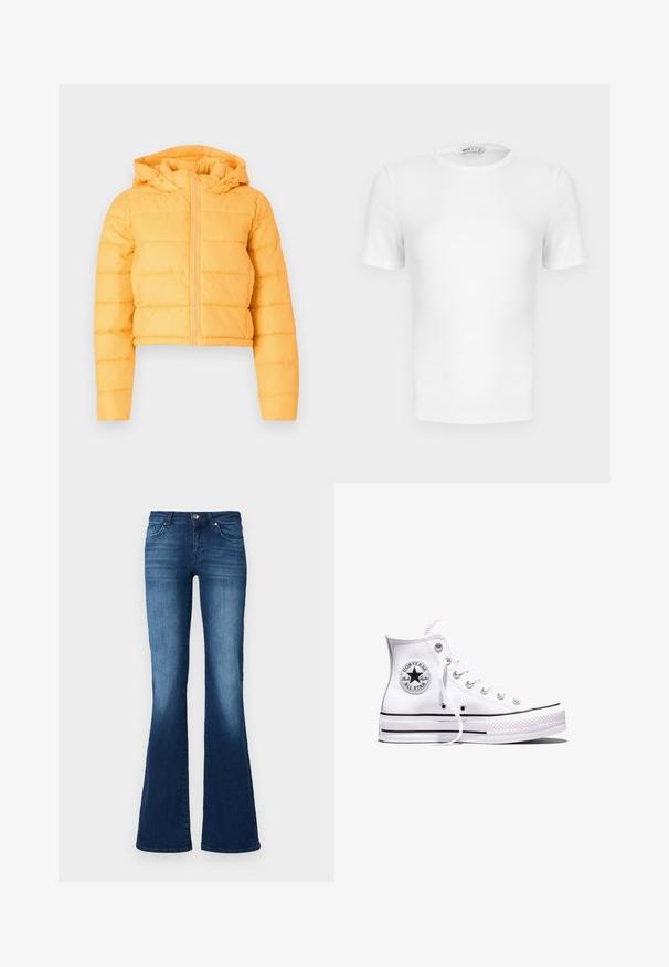 Yellow cropped puffer jacket with a hood, featuring vertical quilted sections and a front zipper. Soft fabric texture.; White short-sleeve ribbed crew-neck T-shirt with a fitted cut and a small brand label inside the collar.; ONLY Tall Flared fit ONLTIGER Low waist Wide Leg - Flared Jeans - dark blue denim; White high-top Converse Chuck Taylor All Star sneaker with black stripes and logo patch on side, displayed against a plain white background.