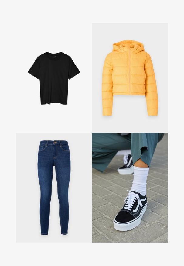 Geel cropped pufferjack met een capuchon, met verticale gestikte secties en een ritssluiting aan de voorkant. Zachte stof structuur.; Zwart T-shirt met korte mouwen en ronde hals, effen ontwerp, plat gelegd op een witte achtergrond.; Donkerblauwe denim skinny jeans met een hoge taille, klassiek vijf-pocket ontwerp, subtiele contrasterende stiksels en een metalen knoopsluiting.; Zwarte suède sneaker met witte accenten en veters, uitgerust met een dikke witte zool en contrasterende stiksels, gecombineerd met een witte sok.