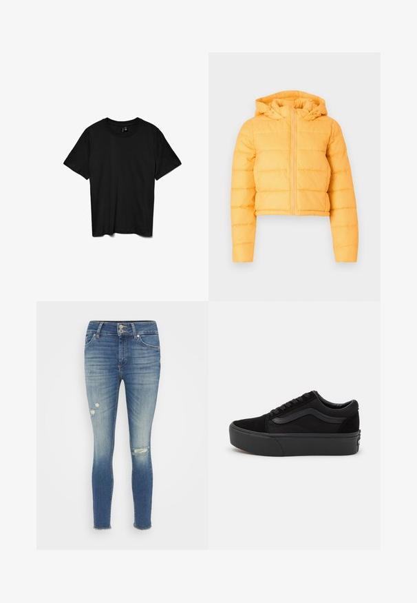 Geel cropped pufferjack met een capuchon, met verticale gestikte secties en een ritssluiting aan de voorkant. Zachte stof structuur.; Zwart T-shirt met korte mouwen en ronde hals, effen ontwerp, plat gelegd op een witte achtergrond.; ONLY ONLBLUSH DESTROY - Jeans Skinny Fit - medium blue denim; Zwarte sneaker gemaakt van suede en canvas, met een ronde neus, vlakke vetersluiting en een dikke rubberen zool met subtiele branding.