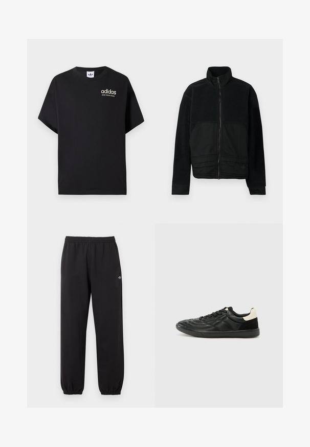 Must must jacket, millekonstruktsiooniga, fleece ülemise ja siledast kangast alumise osaga. Kõrge krae ja eesmine lukustus.; Must musta T-särk lühikeste varrukatega, ümmarguse kaeluse ja valge Adidas logo ning "SPORT DESIGN STUDIO" kuldsete tähestikuga. Sile tekstuur.; Mustad Adidas dressipüksid, millel on elastne vöökoht ja sääremuud, ning väike valge Adidas trefoil logo vasakul reie ülaosas.; ALDO THEPITCH - Tossud - black