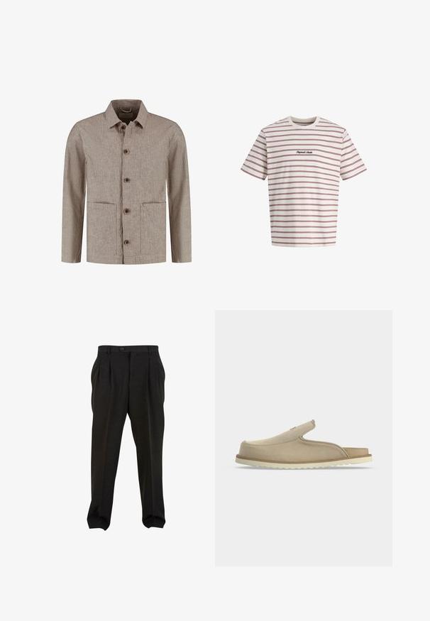 Veste pour homme marron clair à boutons, avec de fines rayures verticales blanches, deux poches plaquées à l'avant et un col classique.; T-shirt blanc à manches courtes avec des rayures horizontales rouges et un petit texte brodé « Original Studio » sur la poitrine. Matière en coton doux.; Pantalon noir taille haute plissé avec passants de ceinture, fermeture par bouton et jambes fuselées présenté sur fond blanc.; Sandale beige à enfiler avec bout fermé, talon ouvert, dessus en suédine souple et semelle en caoutchouc blanche texturée, montrée de profil sur fond blanc.