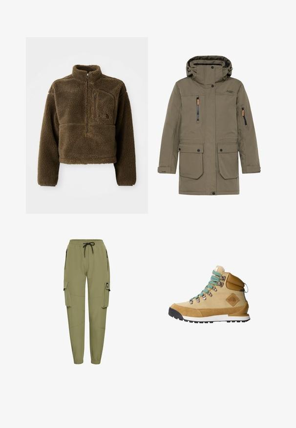 Parka verde oliva con capucha, que cuenta con bolsillos en el pecho y laterales con cremallera, cierres a presión y detalles en cuero de contraste.; Chaqueta de forro polar marrón con cuello alto, cierre de media cremallera en la parte delantera y un bolsillo en el pecho; cuenta con una tela texturizada y un logotipo en el frente.; Pantalones cargo color verde olivo con cinturilla elástica y cordón ajustable. Cuenta con dos bolsillos con cremallera en los laterales y dos grandes bolsillos cargo.; Botas de senderismo en color beige con una parte superior de ante y lona, con cordones turquesa, cuello acolchado y suela de goma negra que presenta un patrón de agarre texturizado.