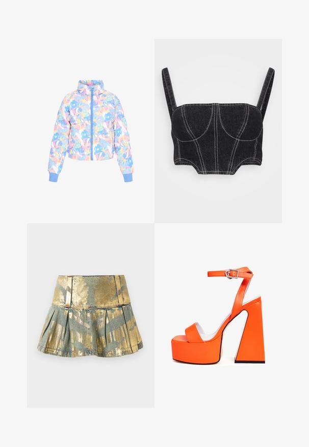 Pudret cropped jakke i pastelfarver, med et legende abstrakt mønster. Den har en blå lynlås og ribbede manchetter. Glat, shiny stof.; Sort denim crop top med tynde stropper, der har hvid syning, struktureret korpus og buede sømme. Glat tekstur og tætsiddende design.; Gul og teal plisseret denimnederdel med en blank overflade, der har en tætsiddende talje og kontrasterende syninger.; Orange platform sandaler med en firkantet hæl, en bred rem over tæerne og en spænde ankelrem. Glat, blank finish.