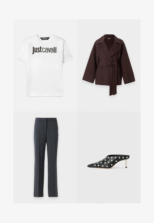 Abrigo cruzado de lana marrón oscuro con solapas anchas, mangas largas y un cinturón a juego atado en la cintura sobre un fondo liso.; Camiseta de algodón blanca con el texto "Just Cavalli" en negro y un acabado texturizado. Cuello redondo clásico y mangas cortas.; Pantalones de traje rectos de color gris oscuro con rayas, con trabillas y cierre de cremallera frontal sobre un fondo blanco.; STAND STUDIO KELSEY - Mules de tacón - black