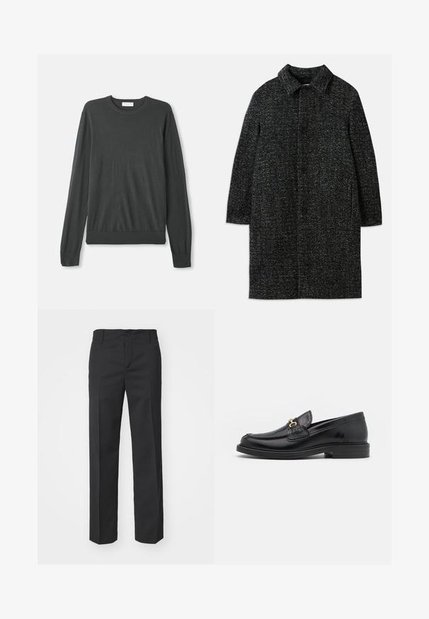 Abrigo largo con cuello hecho de tela texturizada negra y gris, con cinco botones en la parte delantera y bolsillos laterales.; Un suéter de punto de manga larga en gris oscuro con cuello redondo, puños ajustados y un dobladillo acanalado. Textura suave sin patrones o adornos visibles.; Filippa K TROY TROUSERS - Pantalones - black; Mocasines de cuero negro con punta redondeada, que cuentan con un detalle de herrajes dorados y costuras, situados sobre una suela de goma texturizada y baja.