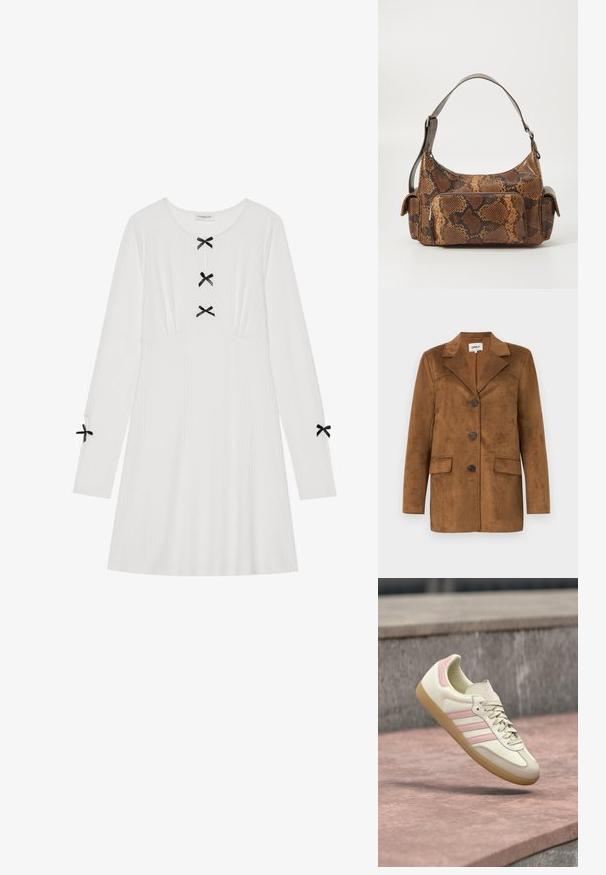 Blazer de ante marrón con solapa de muesca, cuatro botones, dos bolsillos frontales y un ajuste entallado. Textura suave con un diseño minimalista.; Vestido blanco de manga larga hecho de tela acanalada, con tres lazos negros en la parte delantera y dos en las mangas. Cuello redondeado, forma tipo A.; Zapatilla de cuero beige con detalles en rosa, que presenta tres franjas laterales, una puntera redondeada y una suela de goma texturizada. Cuello ligeramente acolchado.; Bolso de mano con estampado de serpiente marrón, con una superficie texturizada, diseño curvado, una correa para el hombro y un bolsillo con cremallera en la parte frontal.