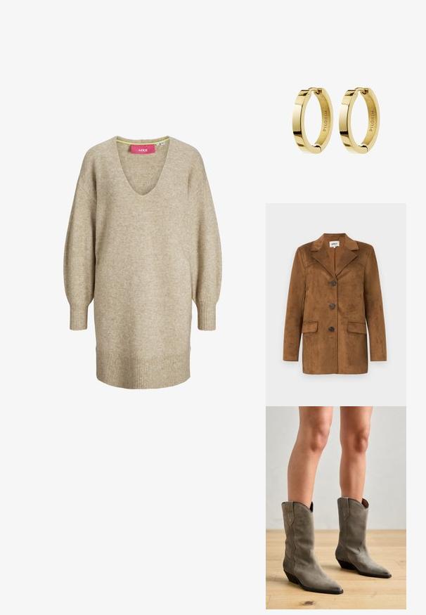 Brun ruskindsblazer med notch lapel, fire knapper, to forlommer og en tætsiddende pasform. Glat tekstur med et minimalistisk design.; Beige strikket kjole med lange ærmer, V-hals samt ribbet kant og manchetter, med en løs og behagelig pasform.; Pavement NIKKI - Cowboy- / bikerstøvler - khaki; Par polerede øreringe i guldfarve med glatte kanter og "PILGRIM" indgraveret indeni hver ørering.