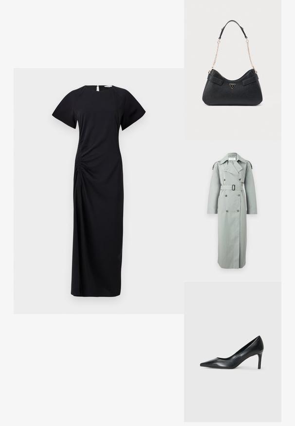 Hellgrauer doppelseitiger Trenchcoat mit weitem Kragen, Gürtel in der Taille, langen Ärmeln und geknöpften Schulterklappen.; Schwarzes, langes Kleid mit kurzen Ärmeln, seitlichem Raffen und einem Schlüssel-Loch-Ausschnitt im Rücken. Hergestellt aus weichem Stoff mit einer glatten Textur.; Schwarze Leder-Pumps mit spitzem Zehenbereich und schmalem Absatz, glatter Textur und ohne sichtbare Verzierungen. Sauberes Design mit minimalistischem Ästhetik.; Schwarze Handtasche mit strukturierter Oberfläche, geschwungener Silhouette und doppeltem Tragegurt aus Leder und Kette, mit goldenem Logo-Akzent.
