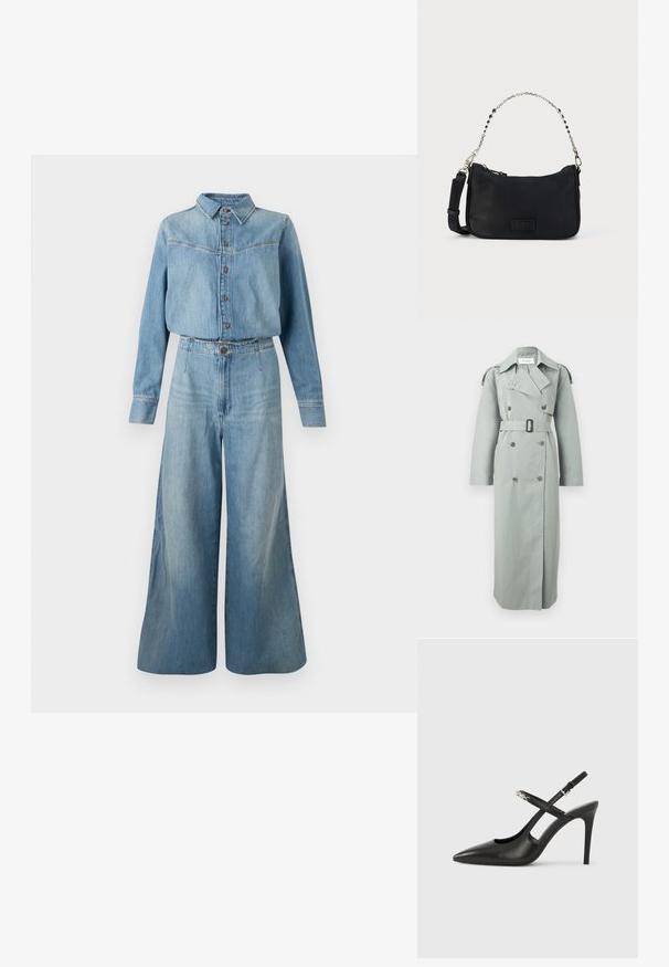 Hellgrauer doppelseitiger Trenchcoat mit weitem Kragen, Gürtel in der Taille, langen Ärmeln und geknöpften Schulterklappen.; Denimhemd und weit geschnittene Hose in einer hellblauen Kombination. Verfügt über einen Kragen, eine Knopfleiste, lange Ärmel und eine taillierte Silhouette mit Gürtel.; Schwarze Slingback-Pumps aus Leder mit spitz zulaufender Spitze, Cut-Out-Design und verstellbarem Riemen mit metallischem Beschlag.; Schwarze Stoff-Schultertasche mit Reißverschluss oben, Ketten- und Lederriemen sowie einem strukturierten Logo-Patch auf der Vorderseite. Verfügt über eine glatte Außenseite.