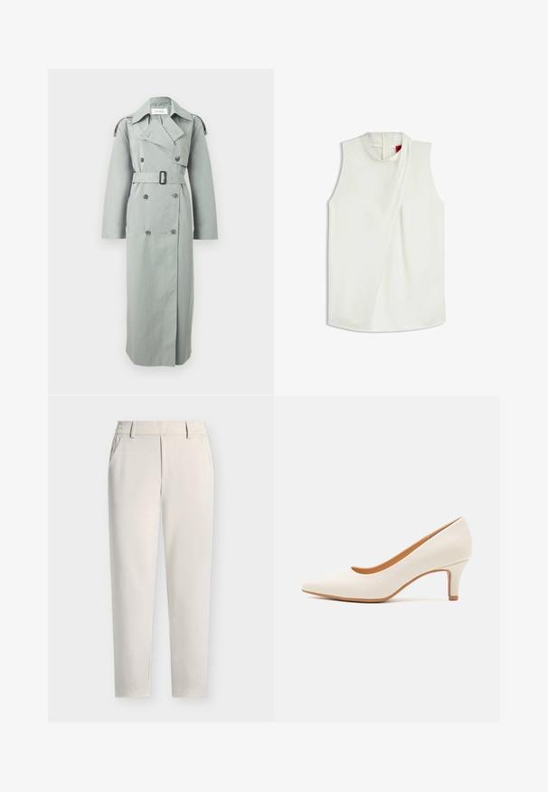 Lichtgrijze dubbelgeknoopte trenchcoat met brede kraag, riem in de taille, lange mouwen en met knopen voorzien schouderbanden.; Mouwloze witte blouse met een hoge halslijn en een diagonaal geplooid detail aan de voorkant, met een rits aan de achterkant.; Beige rechte broek met riemlussen, zijzakken en een voorritssluiting tegen een effen achtergrond.; Witte leren hoge hak met een puntige neus en een slanke, licht hellende hak. Gladde textuur met een minimalistisch ontwerp en een tan gekleurde zool.