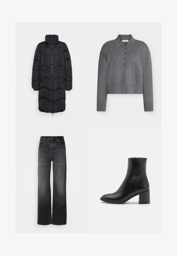 Lange zwarte gewatteerde winterjas met hoge kraag, volledige rits aan de voorkant, lange mouwen en zijzakken.; Grijs cropped truitje met een polo-kraag, voorzien van vijf bruine knopen en geribbelde manchetten en zoom. Gemaakt van een zacht, gestructureerd materiaal.; Zwarte denim jeans met wijde pijpen en een hoge taille, vijf zakken, knoopsluiting en een subtiele vervaagde textuur. Dikke stof met een gestructureerde pasvorm.; Zwarte leren enkelboot met een ronde neus, een blokhak van gemiddelde hoogte en een gladde afwerking. Voorzien van een discrete zijrits.