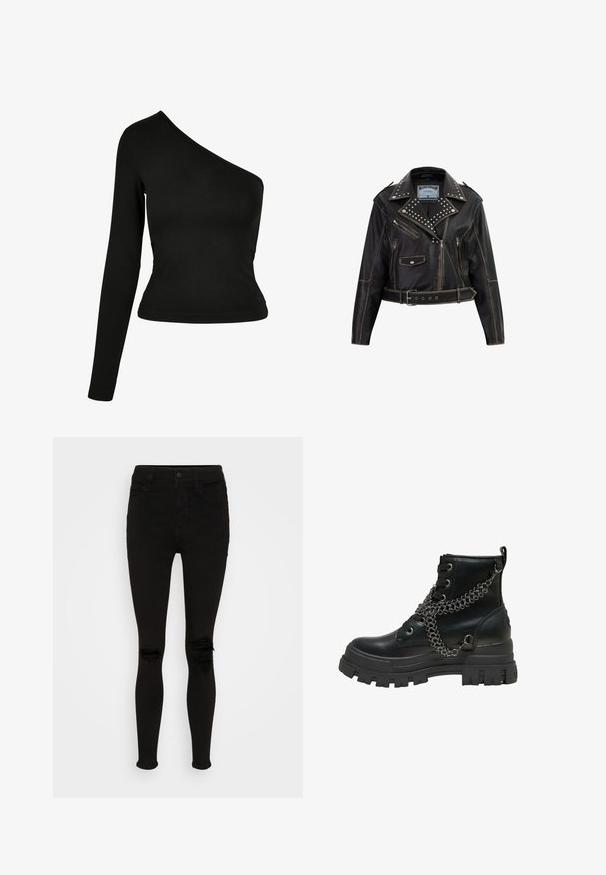 Veste de motard en cuir noir avec des clous argentés sur le col, plusieurs poches zippées et à pression, design ajusté et taille ceinturée.; Haut à manches longues noir avec un col asymétrique. Fabriqué en tissu lisse, design ajusté et ourlet arrondi. Pas de motifs ni d'ornements.; American Eagle SUPER HIGH RISE - Jegging - black wash; Botte de combat en cuir noir avec une semelle épaisse à crampons et une chaîne argentée décorative enroulée autour des lacets et de la cheville.