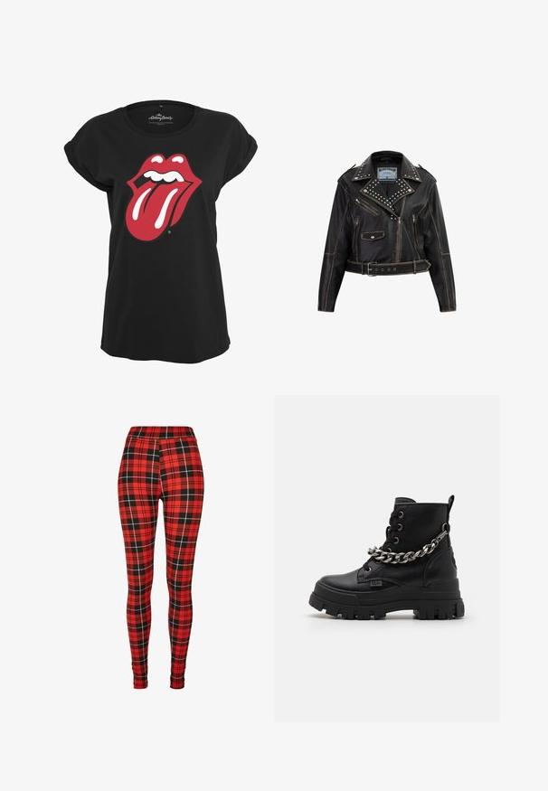Veste de motard en cuir noir avec des clous argentés sur le col, plusieurs poches zippées et à pression, design ajusté et taille ceinturée.; T-shirt noir en coton avec un motif graphique en rouge et blanc du logo des Rolling Stones représentant des lèvres et une langue sur le devant. Encolure ronde.; Leggings à carreaux rouges présentant un motif à damiers noir et blanc. Fabriqués en matière extensible avec un design taille haute.; Bottines noires en cuir texturé, avec une semelle épaisse, un détail de chaîne proéminent sur le côté et des lacets ronds.