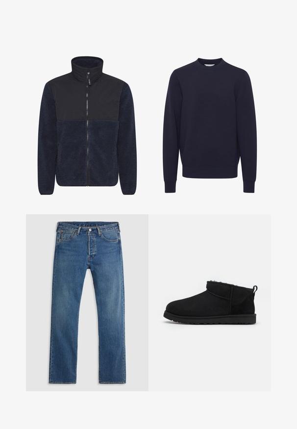 Marineblå fleecejakke med høj krave, kontrasterende glat stof øverste sektion, fuld front lynlås og struktureret krop for varme.; Mørkeblå sweater lavet af blødt stof. Har en rund halsudskæring, lange ærmer og ribbede manchetter og kant. Glat tekstur, minimalistisk design.; Blå straight-leg denimjeans med fem lommer, bæltestropper og lukning med knap og lynlås foran på en ensfarvet baggrund.; Sorte ruskind ankelstøvler med en blød, tekstureret foring, lavprofilgummi sål og en løkke bagpå for nem påtagning.
